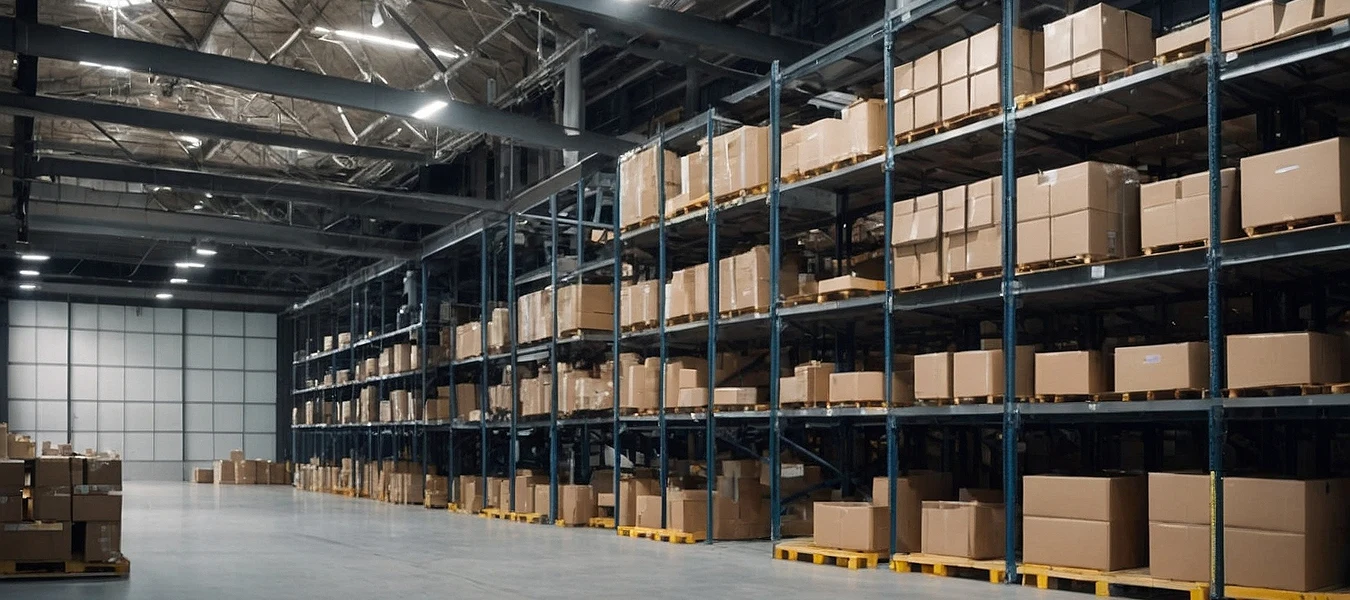 Warehouse with stacked pallets